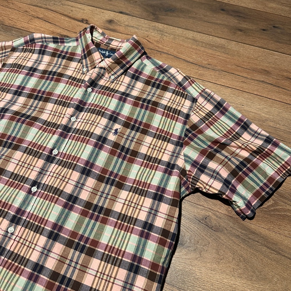 Vintage Ralph Lauren Pink Plaid Button Down Shirt Mens Large Blake Short Sleeve